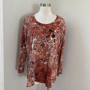 Susan Graver Weekend Plus 1X‎ Rust Floral Long Sleeve Tunic Top Fall Color Shirt